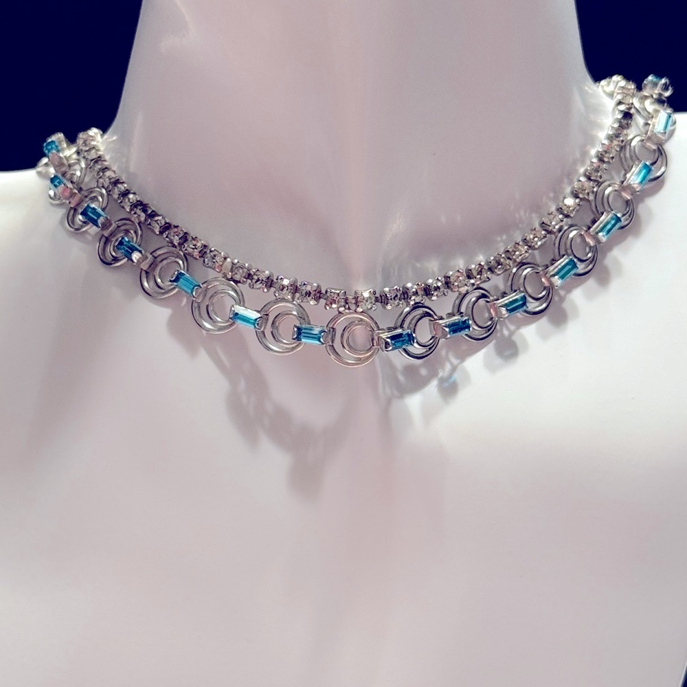 Sky Blue Duane Necklace with Clear Rhinestones